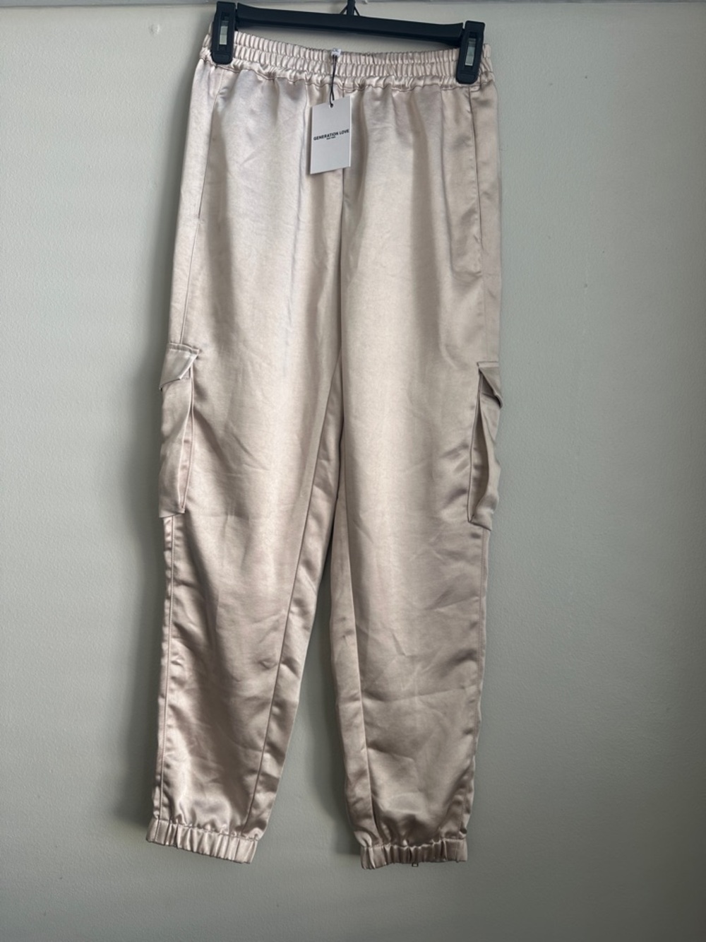 NWT Generation Love Chandra Satin Cargo Joggers in Champagne